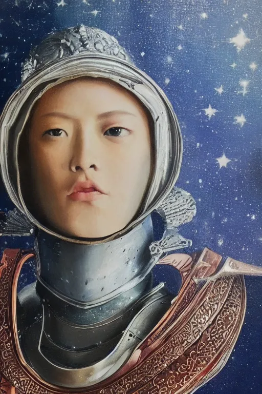 Image similar to hyperrealism oil painting, close-up portrait of medieval fashion model, knight, steel gradient mixed with nebula sky, in style of baroque mixed with 70s japan book art