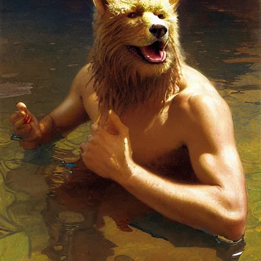 Image similar to a portrait of an very furry human with an animal's head in the pool, furry body, furry arms, furry legs, furry tail. highly detailed painting by gaston bussiere, craig mullins, j. c. leyendecker, furry