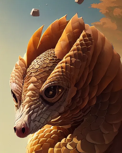 Image similar to highly detailed vfx portrait of a pangolin with white and gold cyborg scales, unreal engine, greg rutkowski, loish, rhads, beeple, makoto shinkai and lois van baarle, ilya kuvshinov, rossdraws, tom bagshaw, alphonse mucha, global illumination, detailed and intricate environment