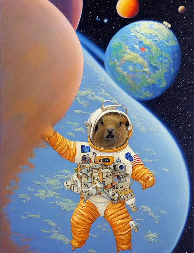 Image similar to beautiful detailed and adorable painting of a capybara astronaut in a spacesuit floating above earth by casey weldon by mark ryden by thomas blackshear, super cute, new contemporary, oil painting