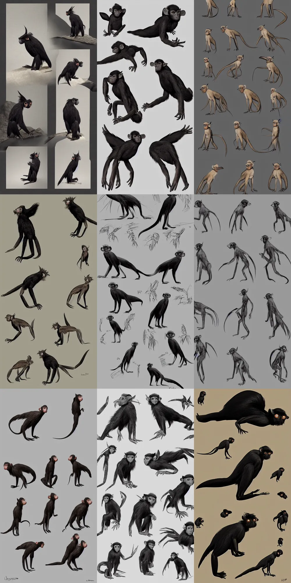 Prompt: long - eared monkey - crow! - crustacean creatures, contact sheet, pose sheet, concept art, poses, studies