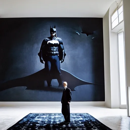 Image similar to Batman standing in giant Italian modern castle living room, clean minimalist design, that is 1300 feet tall, with very tall giant walls filled with modern art paintings, doors that are cosmic portals, photo by Annie Leibovitz