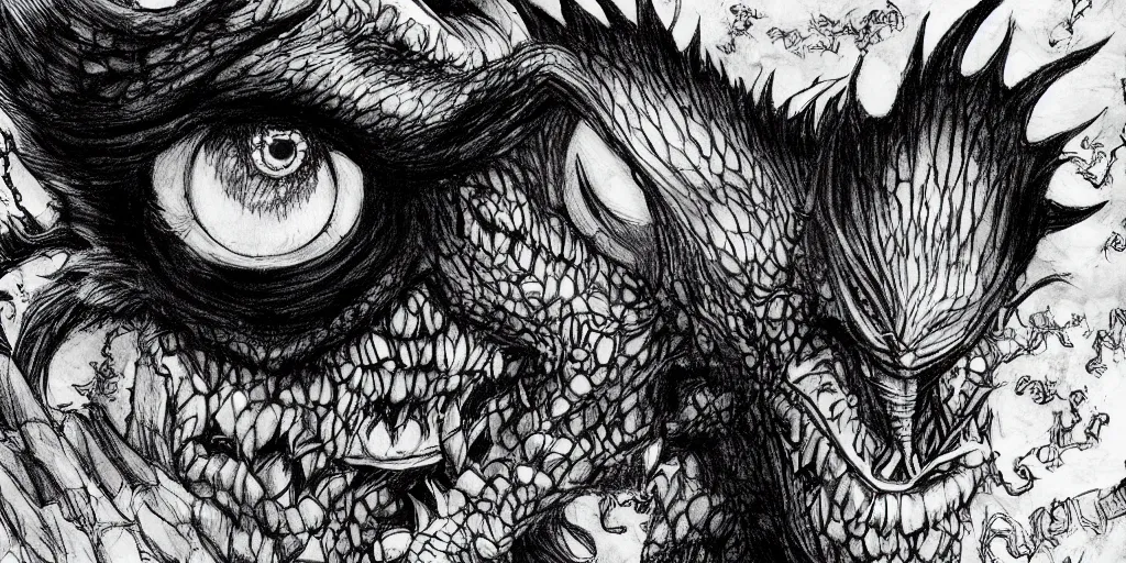 Image similar to A single dragon looking at the screen, horror, creepy, dark, manga, pencil, inspired by junji ito, superior quality, masterpiece