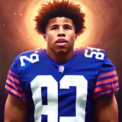 Image similar to highly detailed portrait of saquon barkley wearing a ny giants football shirt, unreal engine, fantasy art by greg rutkowski, loish, rhads, ferdinand knab, makoto shinkai and lois van baarle, ilya kuvshinov, rossdraws, tom bagshaw, global illumination, radiant light, detailed and intricate environment h 6 0 4