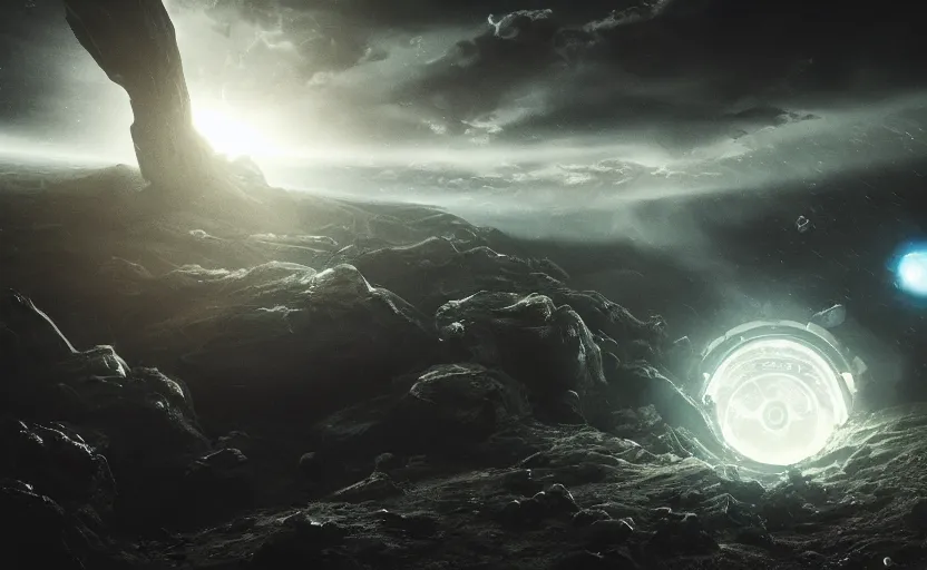 Prompt: an extraterrestrial spaceship exiting a worm hole with planet earth in sight, in the style of the matrix, epic scene, extremely detailed masterpiece, extremely moody lighting, glowing light and shadow, atmospheric, shadowy, cinematic, god lighting