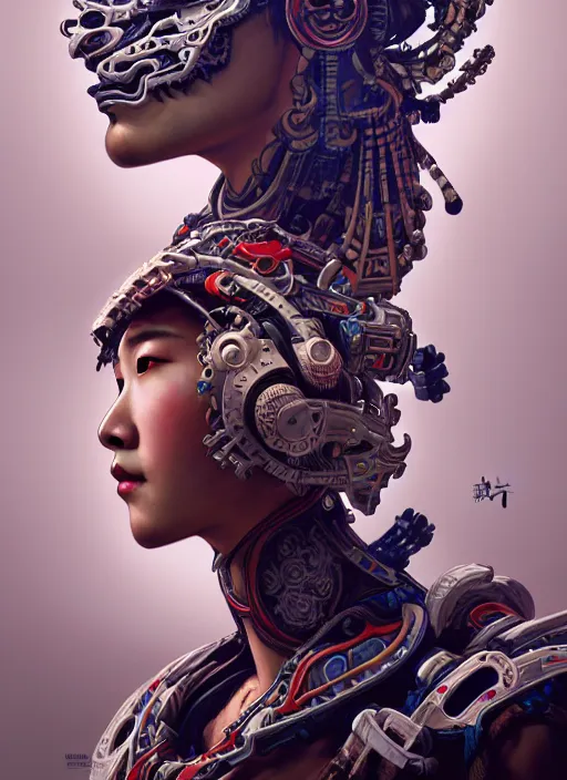 Image similar to portrait of a machine from horizon zero dawn, machine face, upper body, decorated with chinese opera motifs, asian, traditional chinese art, intricate, elegant, highly detailed, digital painting, artstation, concept art, smooth, sharp focus, illustration, art by artgerm and greg rutkowski and alphonse mucha, 8 k