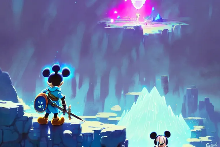 Prompt: concept art, adventurer mickey mouse standing in breath of the wild glowing crystal ore mines. anime styled. bright blue and cyan sky. hyper kawaii cute. by greg rutkowski, in the style of a grand adventure, extremely artistic