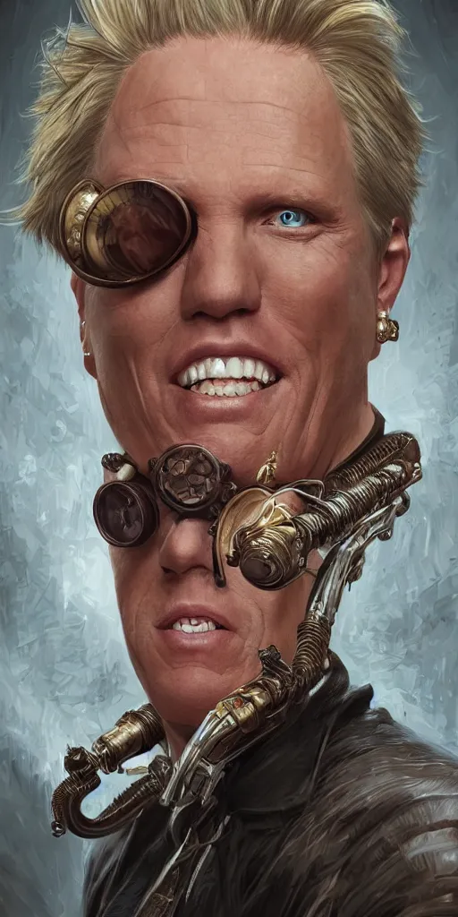 Image similar to portrait of Gary Busey, elegant, intricate, steampunk, full frontal shot, highly detailed, digital painting, artstation, concept art, sharp focus, illustration, art by artgerm and H.R. Giger