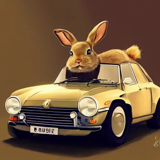 Prompt: a bunny driving a renault r 4, elegant, highly detailed, digital painting, artstation, concept art, matte, sharp focus, highly detailed, 4 k, hdr, smooth, sharp focus, high resolution, award - winning photo, photorealistic, art by artgerm and greg rutkowski and alphonse mucha, large shot