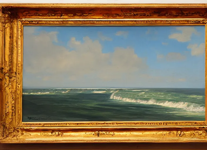 Image similar to omaha beach, normandy in the style of hudson river school of art, oil on canvas