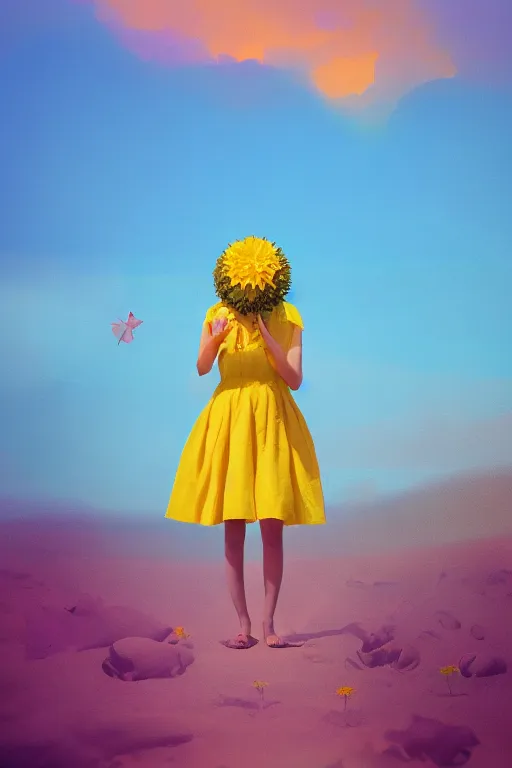 Image similar to closeup girl with huge yellow dahlia flower face, on the beach, surreal photography, blue sky, sunrise, dramatic light, impressionist painting, digital painting, artstation, simon stalenhag