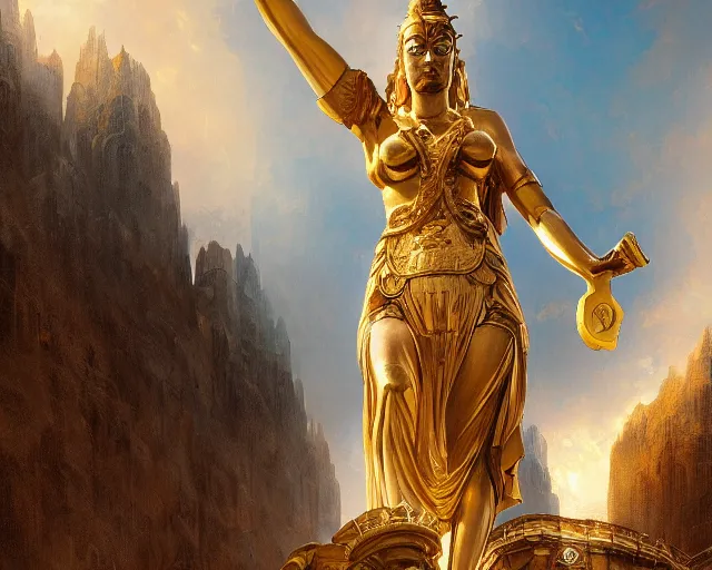 Prompt: imposing colossal golden statue of the goddess of justice, a fantasy digital painting by Greg Rutkowski and James Gurney, trending on Artstation, highly detailed