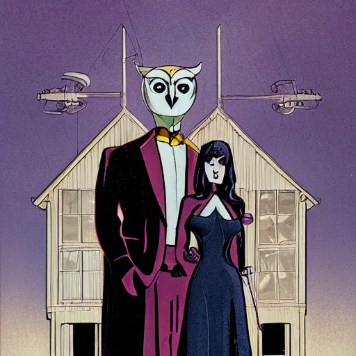 Prompt: nite - owl and silk spectre standing behind the owlship in the style of american gothic by grant wood, nite - owl, silk spectre, owlship, dave gibbons artstyle