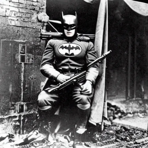 Image similar to old wartime photograph of batman holding a lewis gun, 1 9 1 7