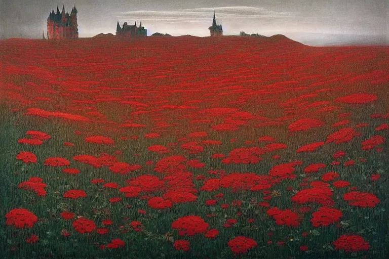 Image similar to only with red, red flowers of different types, a castle in the background, red orcs and trolls dance over the flowers, in the style of beksinski, part by hopper, part by rodcenko, part by hofbauer, intricate composition, red by caravaggio, insanely quality, highly detailed, masterpiece, red light, artstation