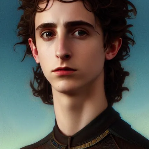 Image similar to a portrait of paul atreides from dune cinematic lighting, photorealistic, octane render, 8 k, depth of field, 3 d, art by artgerm and greg rutkowski and alphonse mucha and uang guangjian and gil elvgren and sachin ten, paul looks like timothee chalamet but older