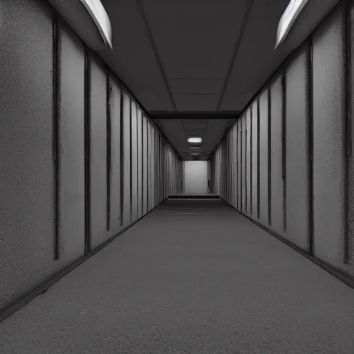 Image similar to holding cells in underground lab, sterile, clean, cinematic, liminal space, unreal engine, in-game screenshot, cctv footage, black and white, blurry