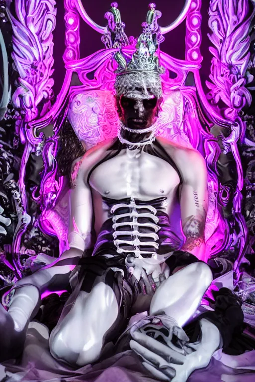 Image similar to full-body rococo and cyberpunk style neon statue of a muscular attractive Zayn Malik macho dotado e rico android sim roupa reclining con las piernas abertas e la piroca dura, glowing white lasers, glowing eyes, silver prince crown, black gears, pink diamonds, swirling orange-colored silk fabric. futuristic elements. ethereal white dripping tar. full-length view. human skulls. large pink balloon animals. intricate artwork by caravaggio. Trending on artstation, octane render, cinematic lighting from the right, hyper realism, octane render, 8k, depth of field, 3D