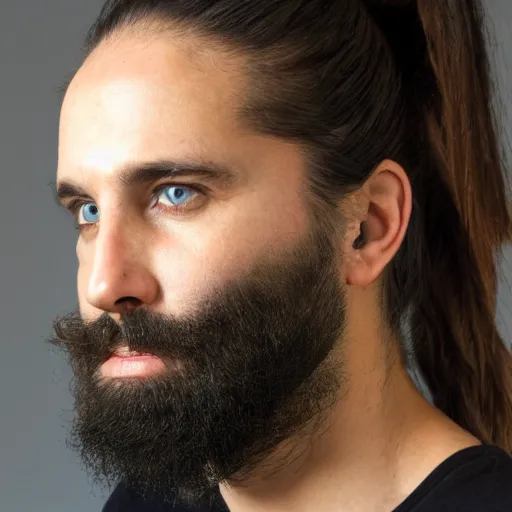 Prompt: portrait of a man in his 30s with a long black beard and black hair pulled back into a pony tail, medium plump nose, blue eyes, tan complexion, visible gauges in both ears.