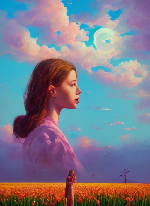 Image similar to portrait of a woman, face made of giant carnation, flower field, surreal photography, sunset dramatic light, impressionist painting, colorful clouds, large sky, digital painting, artstation, simon stalenhag