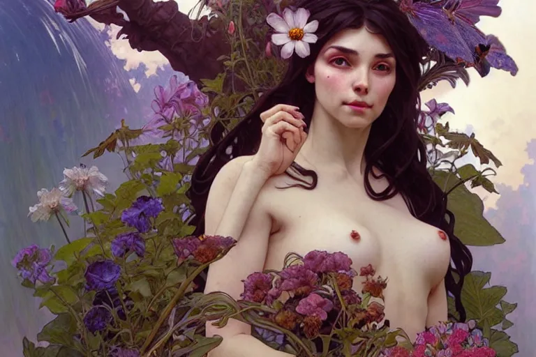 Image similar to the platonic ideal of flowers, growing, insects and praying of ubermench, mix of a woman and a man, d & d, fantasy, ego death, decay, dmt, psilocybin, art by artgerm and greg rutkowski and alphonse mucha