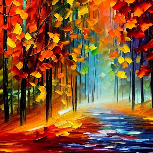 Image similar to beautiful leonid afremov painting of a foggy forest path on a lovely autumn day. trending on artstation 8k hq