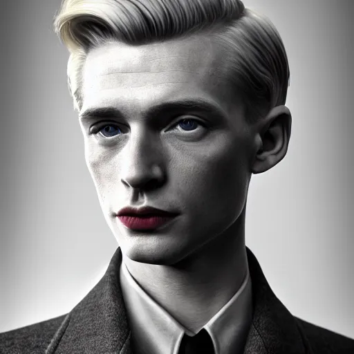 Image similar to A Hearts of Iron IV portrait of a blond young English male actor with high cheekbones. Dressed in 1940s style. Highly detailed, fine Art, high detail, great lighting, 8k resolution, masterpiece, concept art, illustration, clear eyes, painting oil on canvas, octane render, HDR, trending on artstation, 4k, 8k, HD