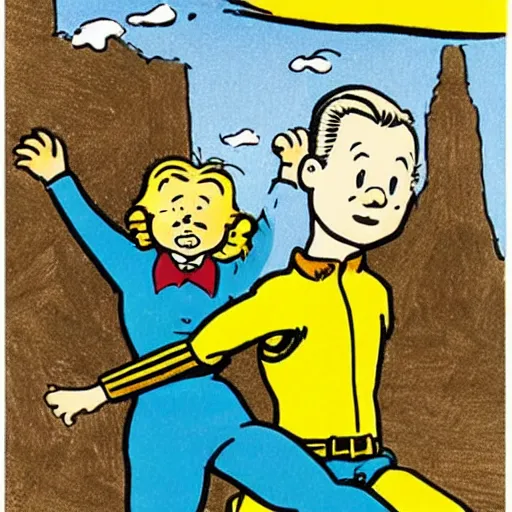 Image similar to tintin and milou, drawn by herge in a ligne claire style