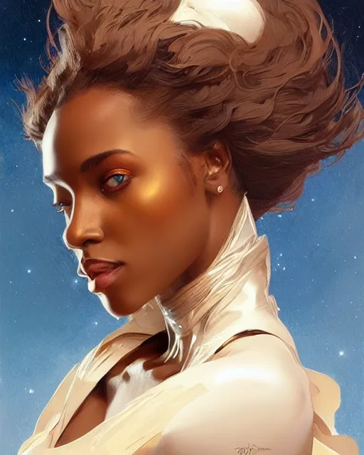 Image similar to Portrait of very very very very very very beautiful nigerian woman, spacesuit, blue eyes, real life skin, intricate, elegant, highly detailed, artstation, concept art, smooth, sharp focus, art by artgerm and greg rutkowski and alphonse mucha