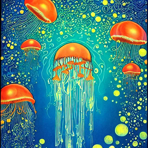 Prompt: ivan bilibin and edmund dulac and ilya kuvshinov and katsuhiro otomo inspired print of jellyfish in a bright ocean, deep focus, fantasy, intricate, elegant, highly detailed, digital painting, concept art, sharp focus, illustration, scarlet - green and mustard - indigo and azure - orange and white color scheme