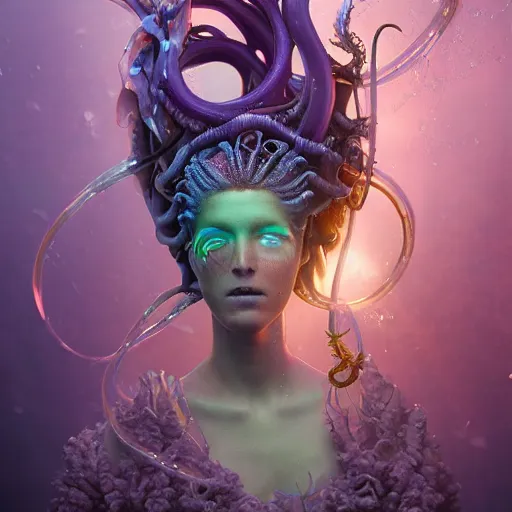 Image similar to tom bagshaw, ultra realist waves miniatures underwater curiosities squids carnival, a single very beautiful long tentacles in full underwater armor, symmetry accurate human features, focus, very intricate ultrafine details, green purple aqua volumetric lights, award winning masterpiece, octane render 8 k hd