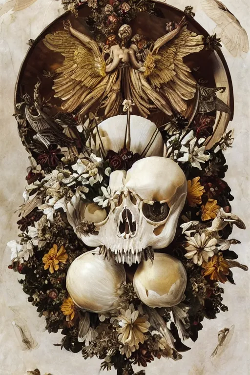 Image similar to A fallen icarus with a giant cyclops eye and golden wings in the form of a Greek sculpture, marble white elk skull, wreath of flowers and abstract eyes, bouquet of bones, many large flying eyes, silk, fabric, birds, flowers. baroque elements, human skull. full-length view. baroque element. intricate artwork by caravaggio. many many birds birds on background. Trending on artstation. halo. octane render, cinematic, hyper realism, octane render, 8k, depth of field, 3D