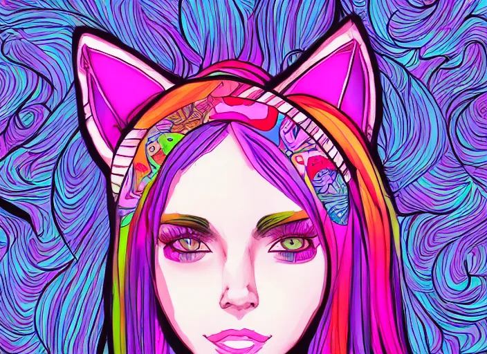 Prompt: girl with cat ears, hippie, psychedelic, lsd, digital drawing, trending on artstation