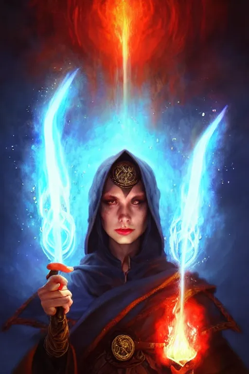 Image similar to Front portrait of mage hold a blue fire on right hand and red fire on the left hand, full body, fine art, awesome fantasy book cover on Pinterest, award winning, dark fantasy landscape, fantasy magic, intricate, elegant, sharp focus, cinematic lighting, highly detailed, digital painting, concept art, art by WLOP and Artgerm and Greg Rutkowski, masterpiece, trending on artstation, 8K