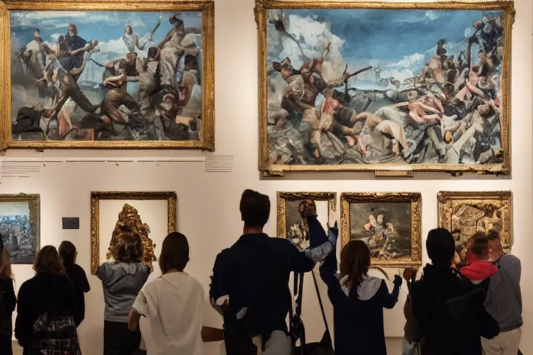 Image similar to a group of people destroying a museum art show