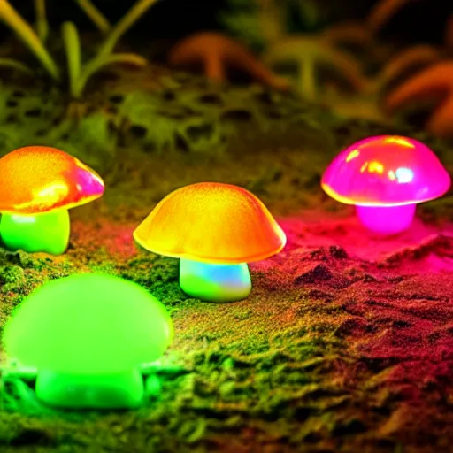 Image similar to glowing neon mushrooms and blue frogs with glowing eggs, hyper realistic