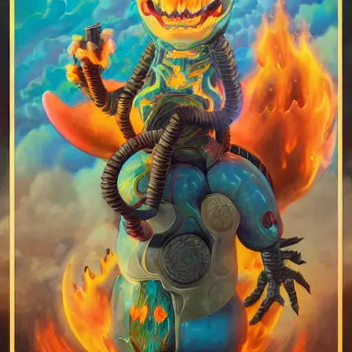 Image similar to biopunk pokemon charizard burining, Pixar style, by Tristan Eaton Stanley Artgerm and Tom Bagshaw.