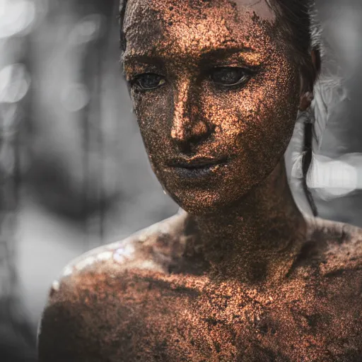 Prompt: a woman made out of metal who's rusting on her arms, 5 0 mm lens, f 1. 4, sharp focus, ethereal, emotionally evoking, head in focus, volumetric lighting, blur dreamy outdoor,