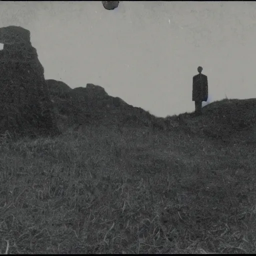 Prompt: old photo of a creepy landscape, scary figure in the distance