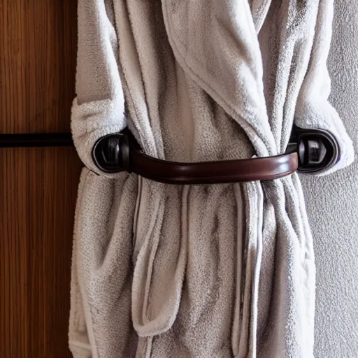 Prompt: a single bathrobe belt on a metal towel rack, tile wall