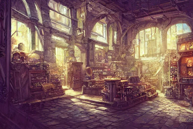 Prompt: A miniscule shop viewed from the inside, texture, intricate, details, highly detailed, masterpiece, architecture, building, trending on artstation, focus, sharp focus, concept art, digital painting, fantasy, sunny, day, midday, in the style of Dungeons and Dragons