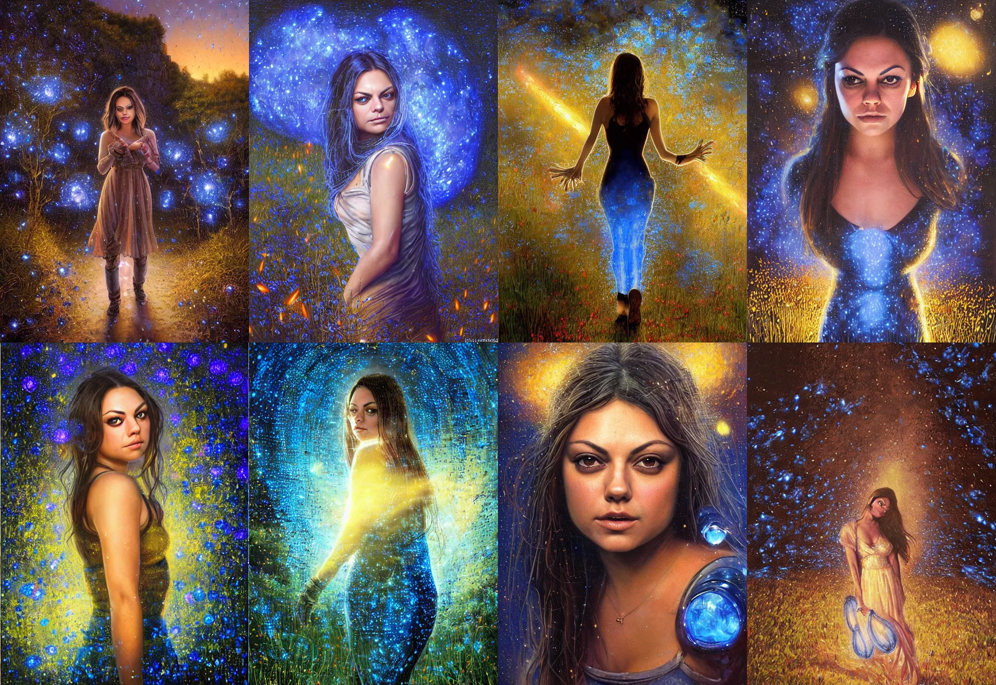 Image similar to beautiful portret of mila kunis as a robot walking through blue glowing fireflies, epic vista dark ruins castle stones, 2 0 0 mm focal length, sundown, golden hour firefly wisps, steve hanks, charlie bowater, steve henderson, justin gerard, mark keathley, victor nizovtsev, ross tran, wlop, hajime sorayama