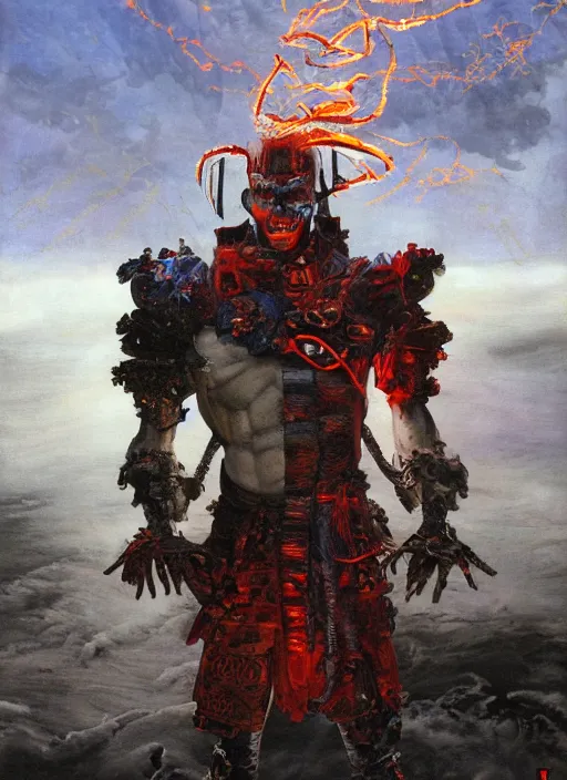 Prompt: portrait of a diabolical cyborg clown samurai armed with flamethrougher, torn cape, dynamic pose, glowing eyes, ancient ruins, glowing veins subsurface scattering, in clouds, sunset, portrait, by gerald brom, by mikhail vrubel, by peter elson, muted colors, extreme detail, reflections, trending on artstation, 8 k