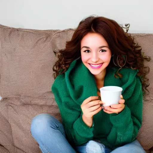 Prompt: a cute young woman smiling, long shiny bronze brown hair, full round face, emerald green eyes, medium skin tone, light cute freckles, smiling softly, wearing casual clothing, relaxing on a modern couch, interior lighting, cozy living room background, close-up shot,