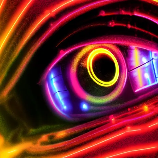 Image similar to cybernetic android eye, 8k resolution digital painting cinematic lighting by Jason Felix Steve Argyle Tyler Jacobson neon glow backdrop soft bokeh