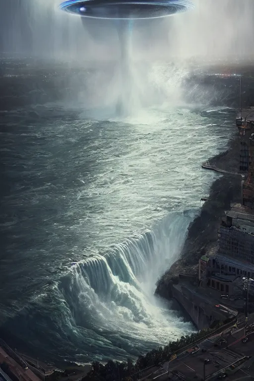 Niagara Falls being visited by a large UFO, an epic Stable Diffusion