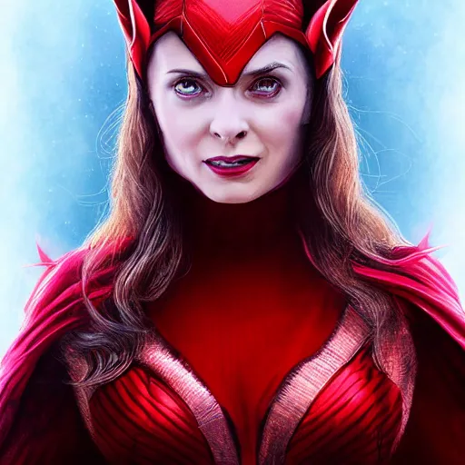 Image similar to A portrait of elizabeth as scarlet witch with horns, cinematic, digital art, amazing detail