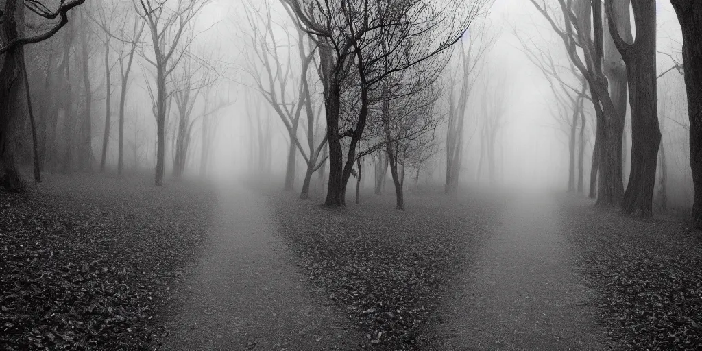 Image similar to dark path creepy trees arching grayscale fog