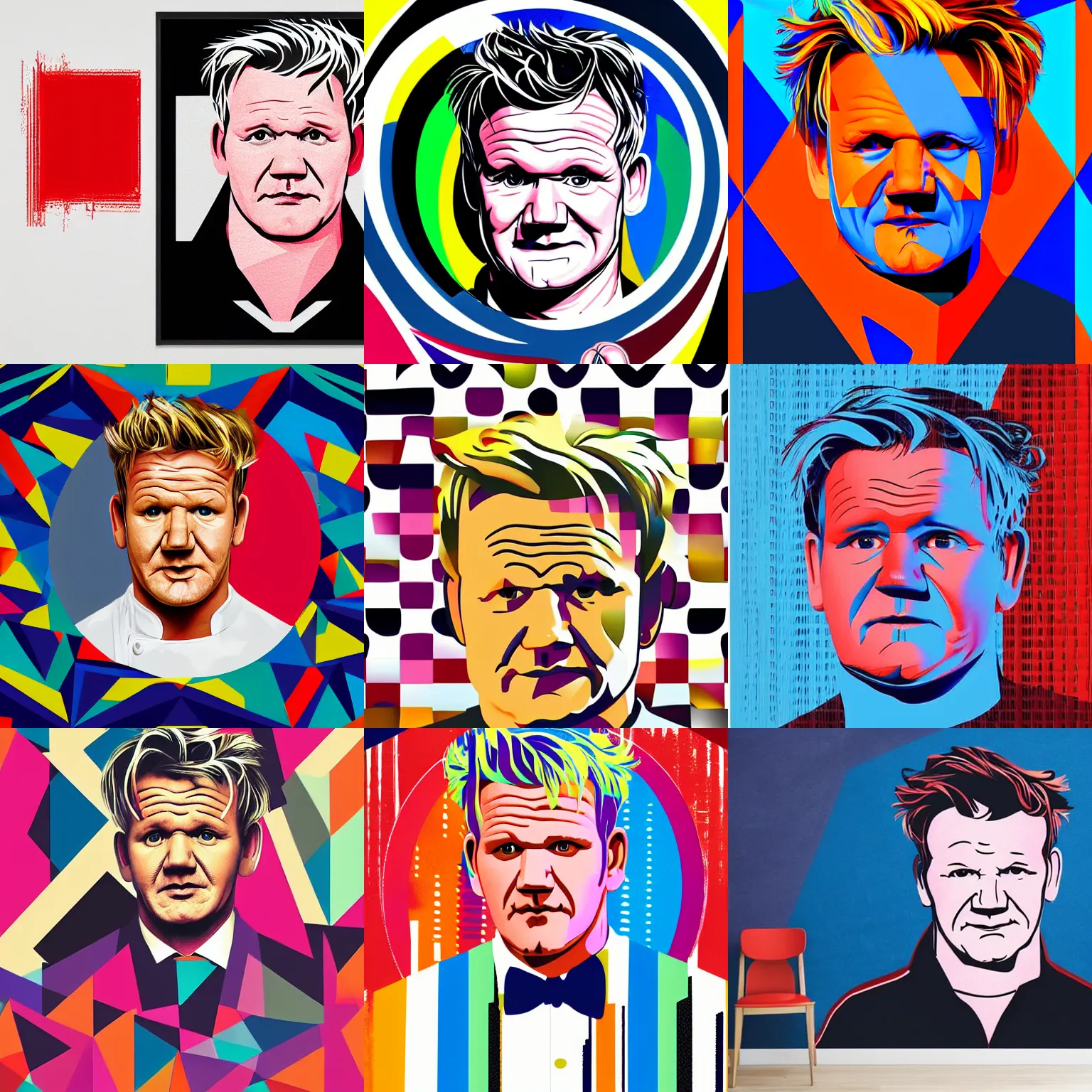 Prompt: A portrait of Gordon Ramsay, geometric!!! shapes!!!, mural, rounded corners, candy colors, spray paint, bold graphics