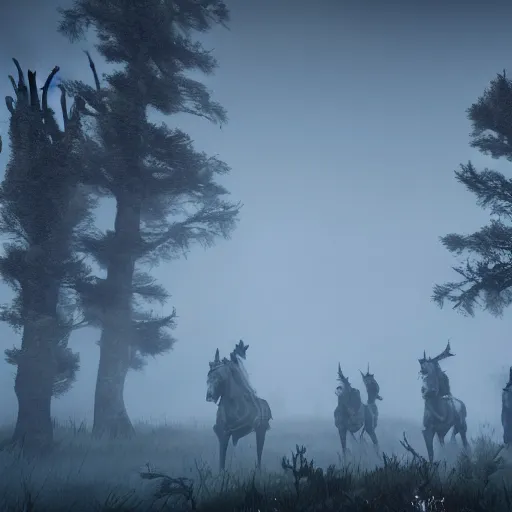 Prompt: the wild hunt, wraiths riding in the sky, spectres, mythical creatures in undead nightmare, bad omen, aflutter enchanted forest, in the style of the witcher, blizzard storm, fog, full moon, snowy environment, hyperrealism, atmospheric, uneasy, cinematic, breathtaking, award winning, groundbreaking, octane render, unreal 5, intricate digital art, 8 k